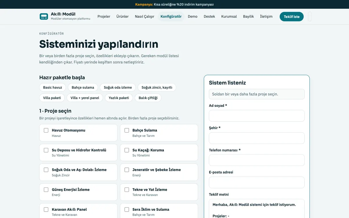 Akıllı Modül Ürün ve Kurumsal Sitesi: Sistem konfigüratörü