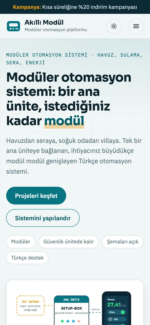 Akıllı Modül Ürün ve Kurumsal Sitesi: mobil görünüm