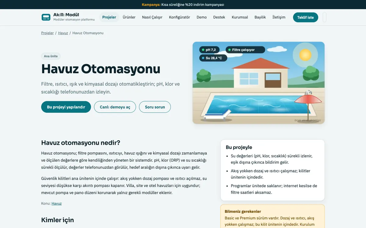 Akıllı Modül Ürün ve Kurumsal Sitesi: Proje sayfası: havuz otomasyonu