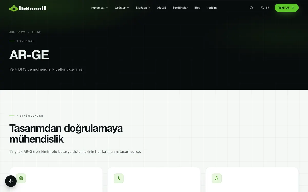 Limacell Kurumsal Web Sitesi: AR-GE sayfası