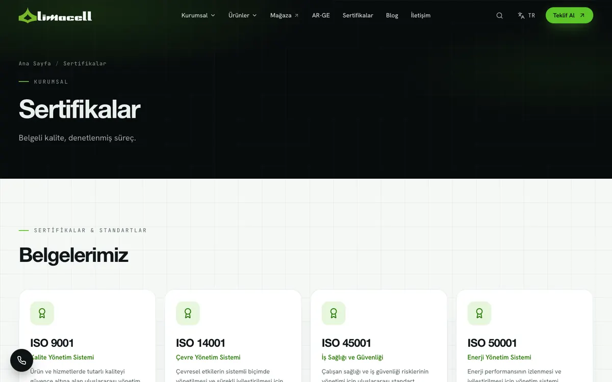 Limacell Kurumsal Web Sitesi: Sertifikalar sayfası