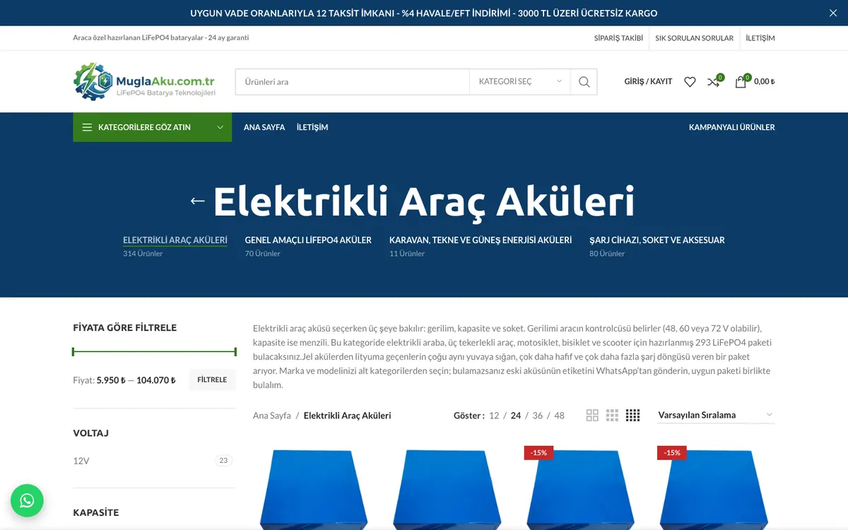 Muğla Akü Online Mağaza: Kategori sayfası