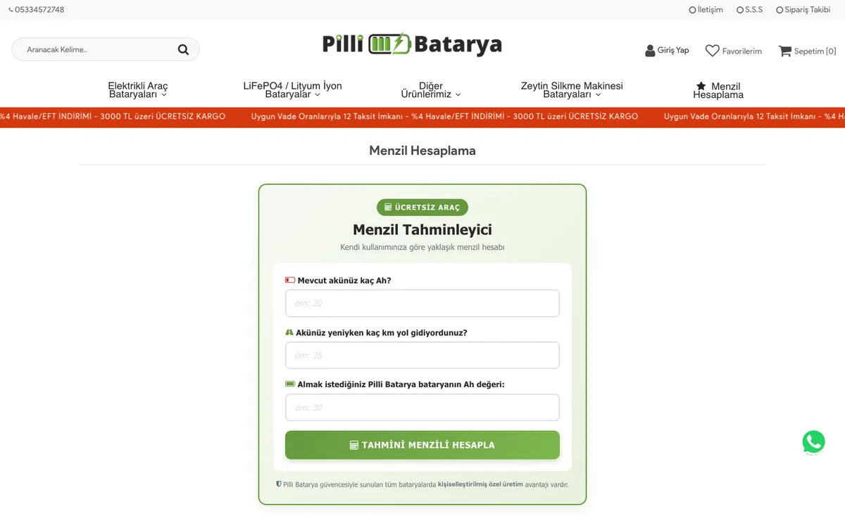 Pilli Batarya Online Mağaza: Menzil tahminleyici aracı