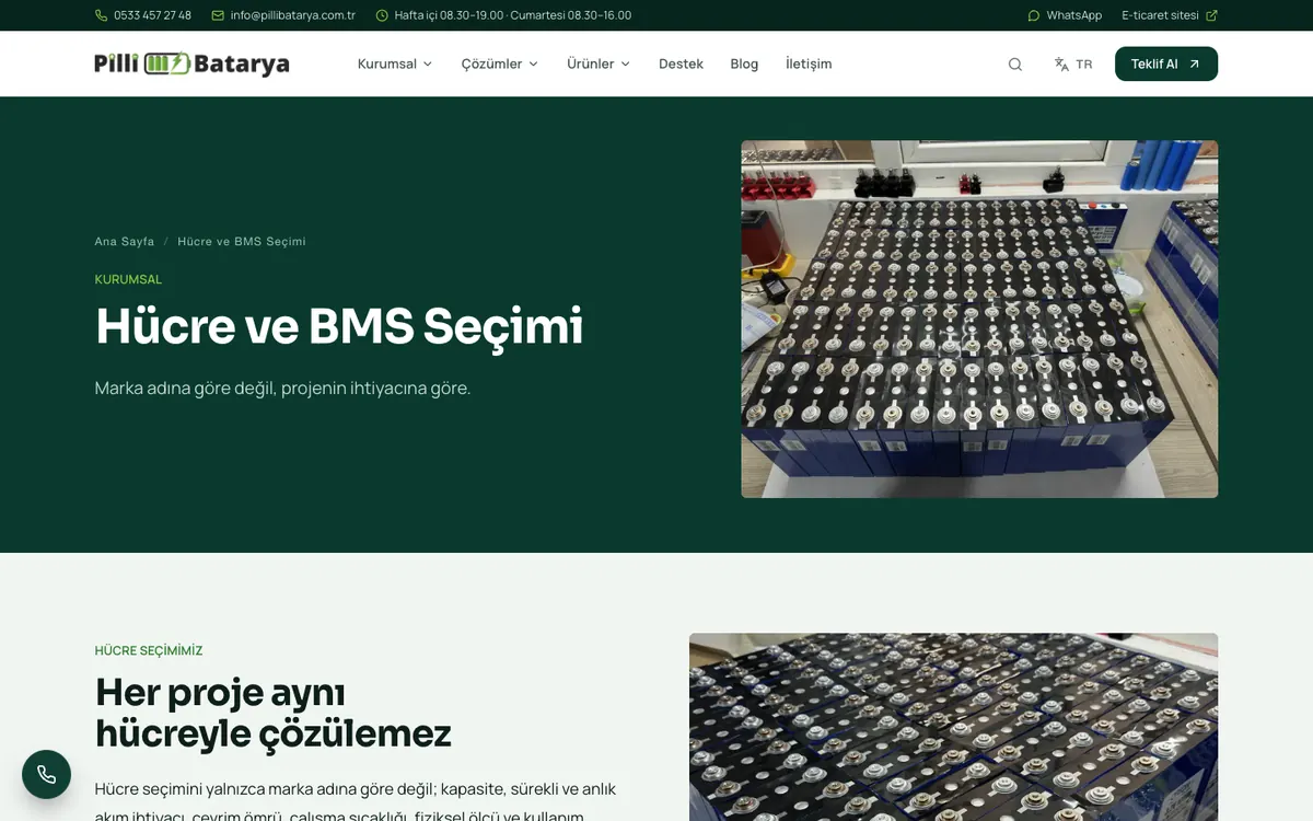 Pilli Batarya Kurumsal Web Sitesi: Hücre ve BMS seçimi sayfası