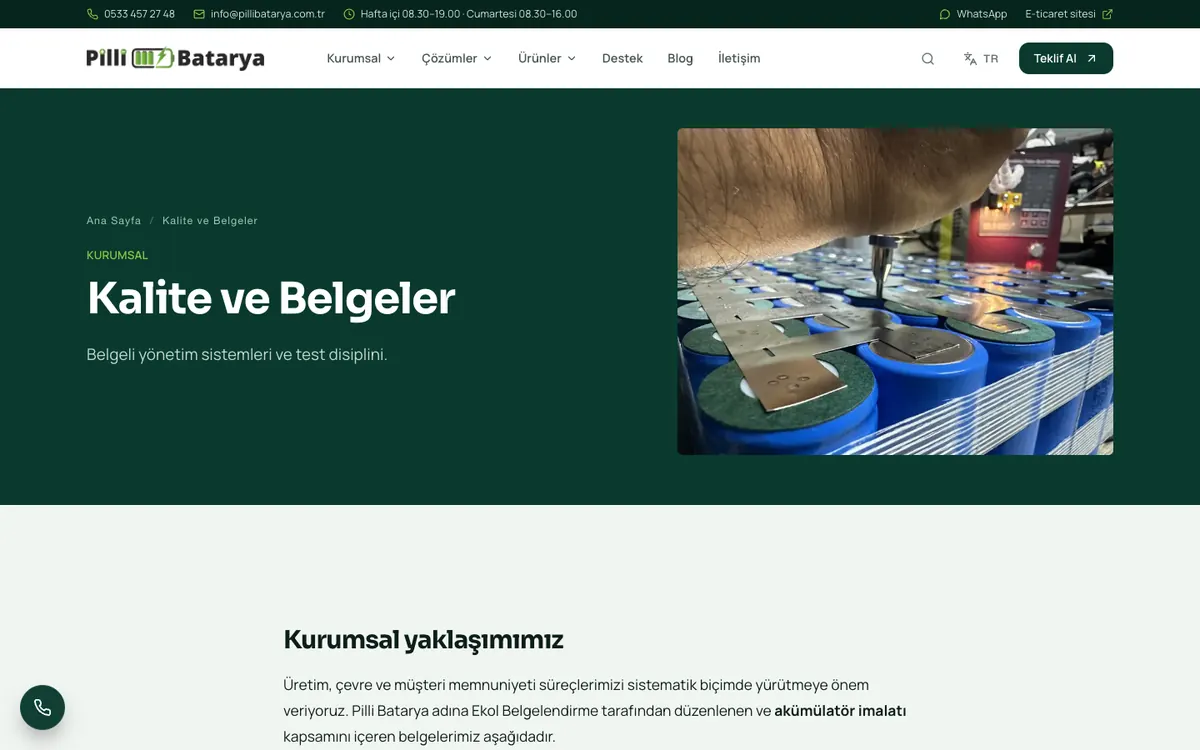 Pilli Batarya Kurumsal Web Sitesi: Kalite ve belgeler sayfası