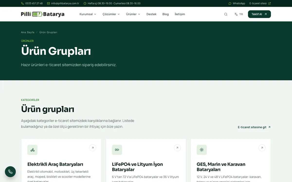 Pilli Batarya Kurumsal Web Sitesi: Ürün grupları sayfası